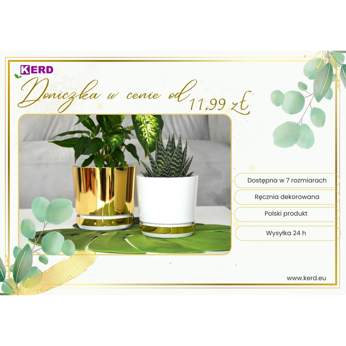 14 Doniczka DUO BIAŁA z podstawką ZŁOTO B. dwukolorowa nowoczesna z połyskiem drenażem elegancka