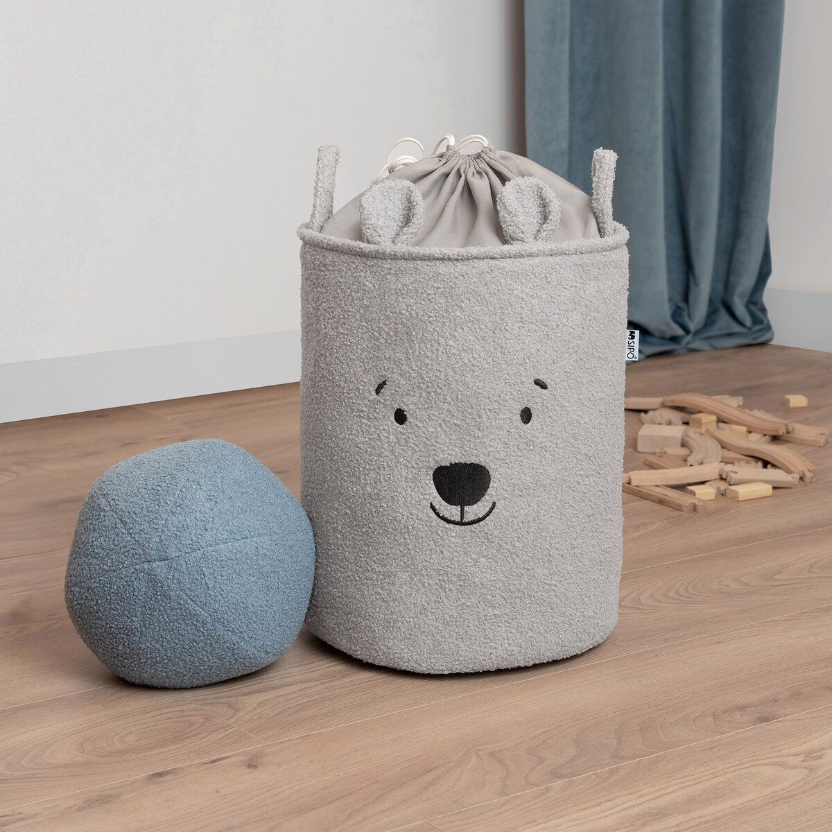 kosz na zabawki sipo, wersja premium boucle, zamykany na ściągacz, szary miś, xl