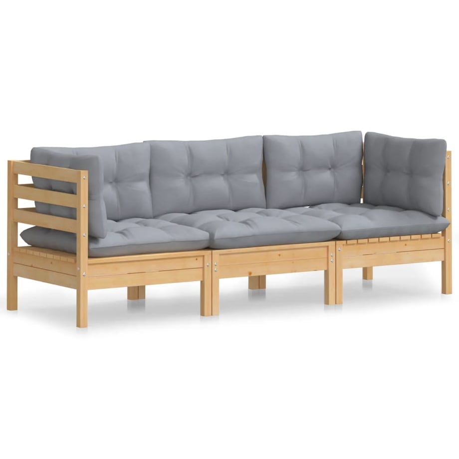 vidaXL 3-osobowa sofa ogrodowa z szarymi poduszkami, drewno sosnowe