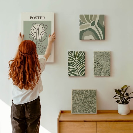 Zestaw 5 obrazów na płótnie - Abstrakcyjne roślinne formy boho - zielony