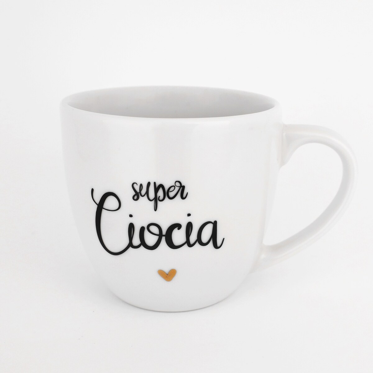 Biały Kubek Porcelanowy 300 ml - Napis Super Ciocia i Złote Serce dla Cioci na Urodziny