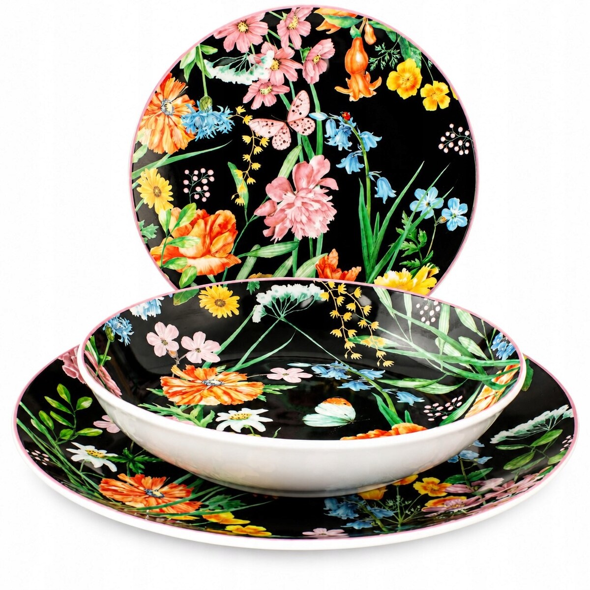 Serwis obiadowy Pengo H&H włoskie talerze na 6osób czarne w kwiaty porcelan