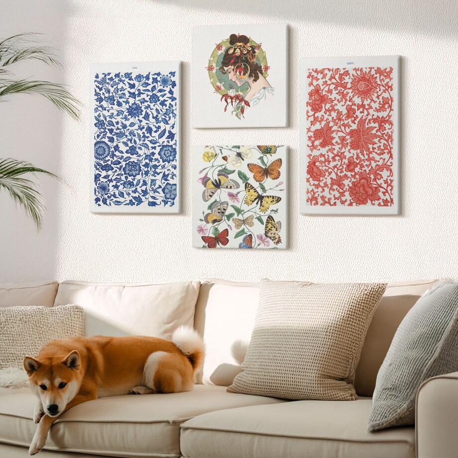 Zestaw 4 obrazów na płótnie - Vintage kwiaty motyle ornamenty - wielokolorowy