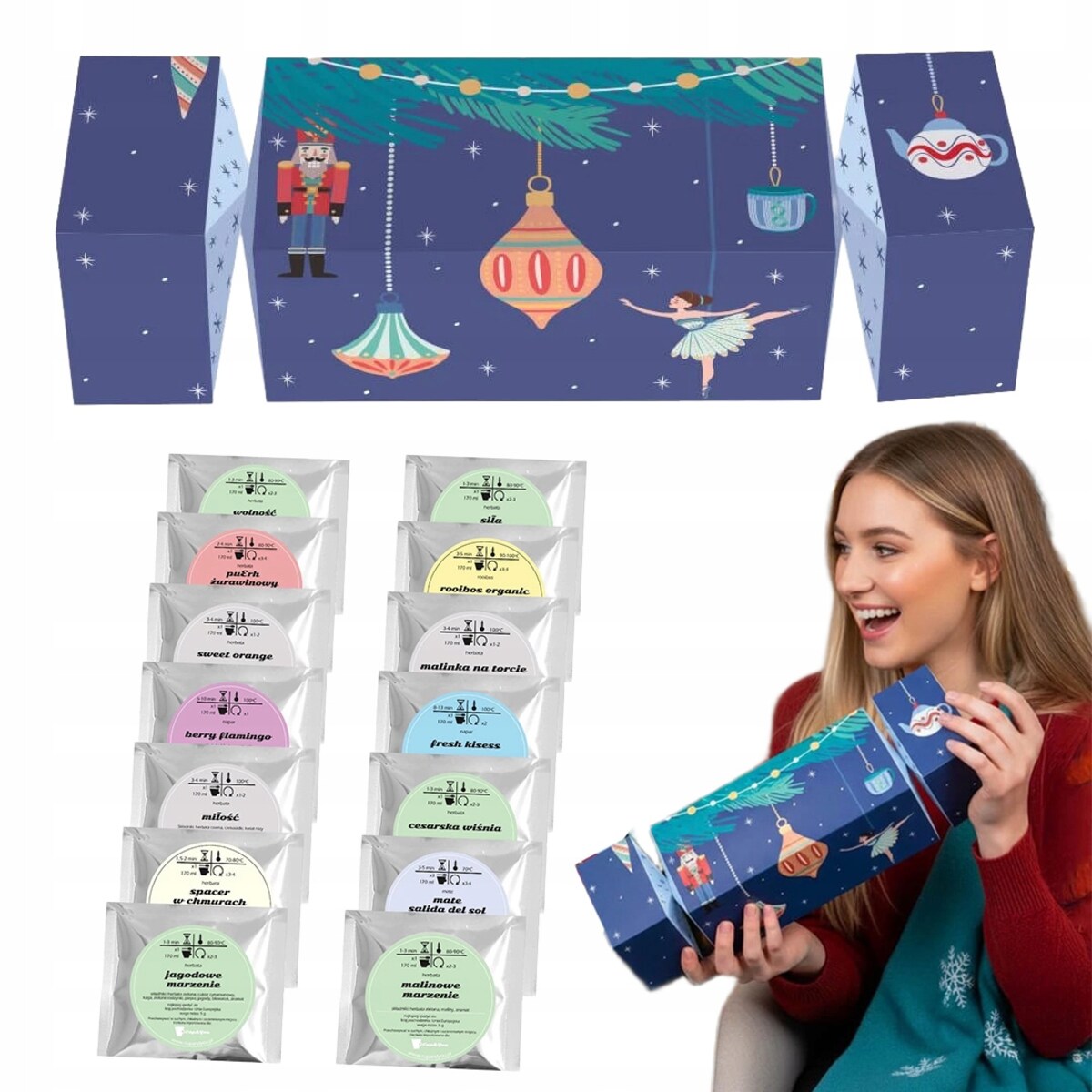 PREZENT NA ŚWIĘTA CRACKER Z HERBATAMI "HOLIDAY WONDERLAND" 14 RÓŻNYCH SMAKÓW + ZAPARZACZ - PREZENT UPOMINEK NA MIKOŁAJA ŚWIĘTA GWIAZDKĘ BOŻE NARODZENIE POD CHOINKĘ DLA KOBIETY FACETA