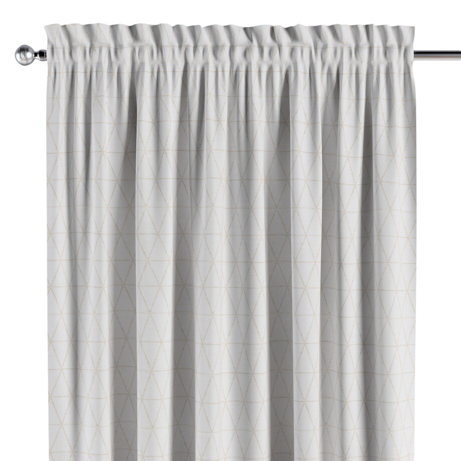 Zasłona na kanale z grzywką 1 szt. 130x260 beżowe trójkąty na kremowo-białym tle