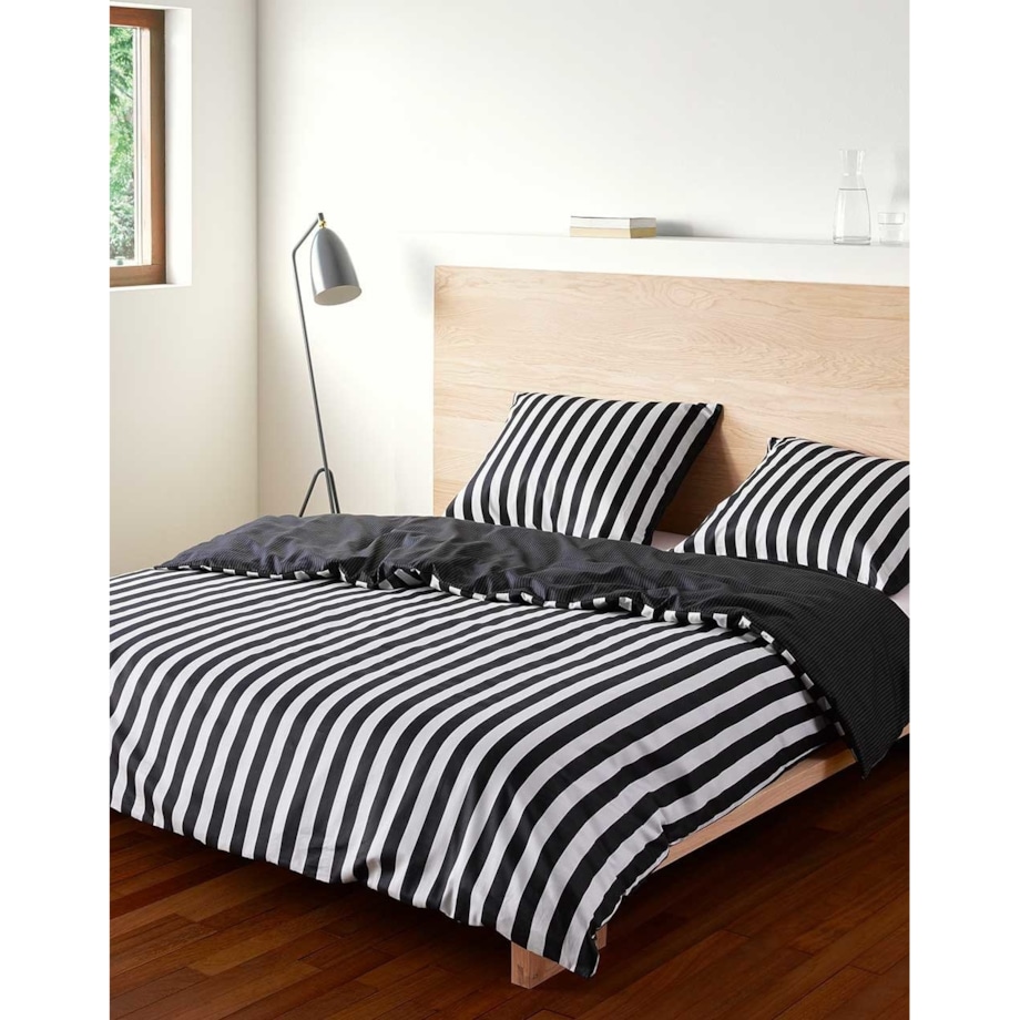 Ekskluzywna pościel z satyny bawełnianej w klasyczne czarne pasy, pościel dekoracyjna, nowoczesna pościel, Marc O'Polo