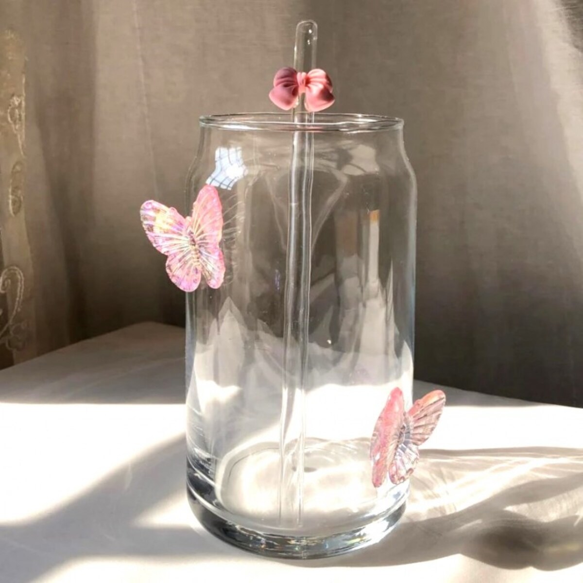 Szklanka wysoka ze słomką, MOTYLKI róż 500 ml, 1 szt- SZK163
