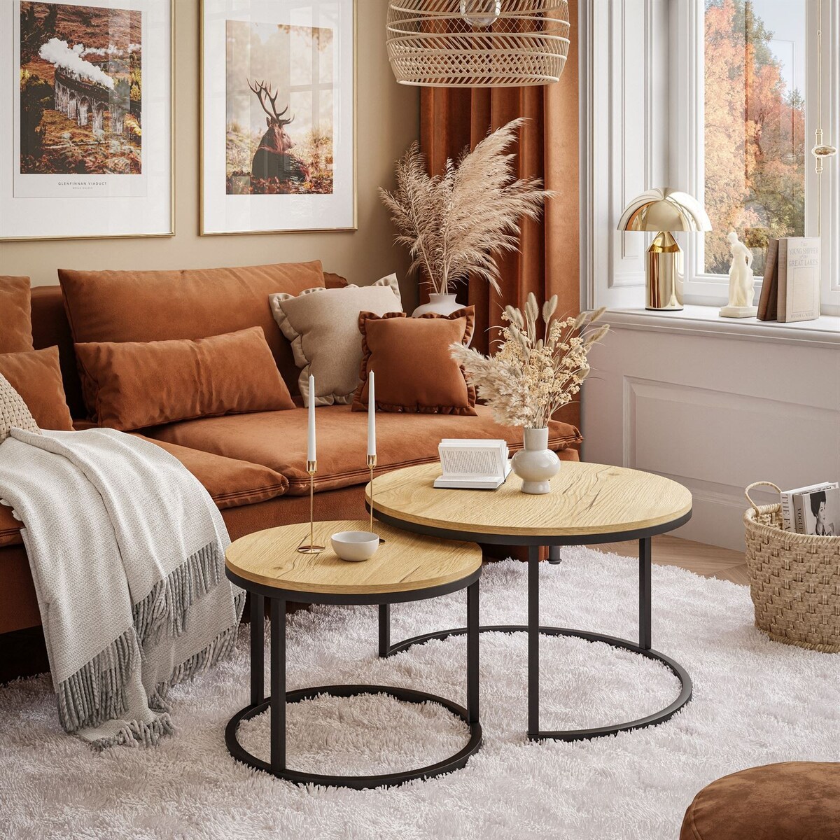 Stolik kawowy okrągły CORRIE 2w1 czarny dąb jasny