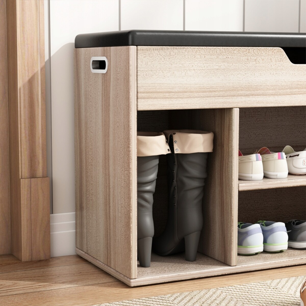 Szafka na buty z siedziskiem drewniana schowek 2 półki otwierana jasny dąb