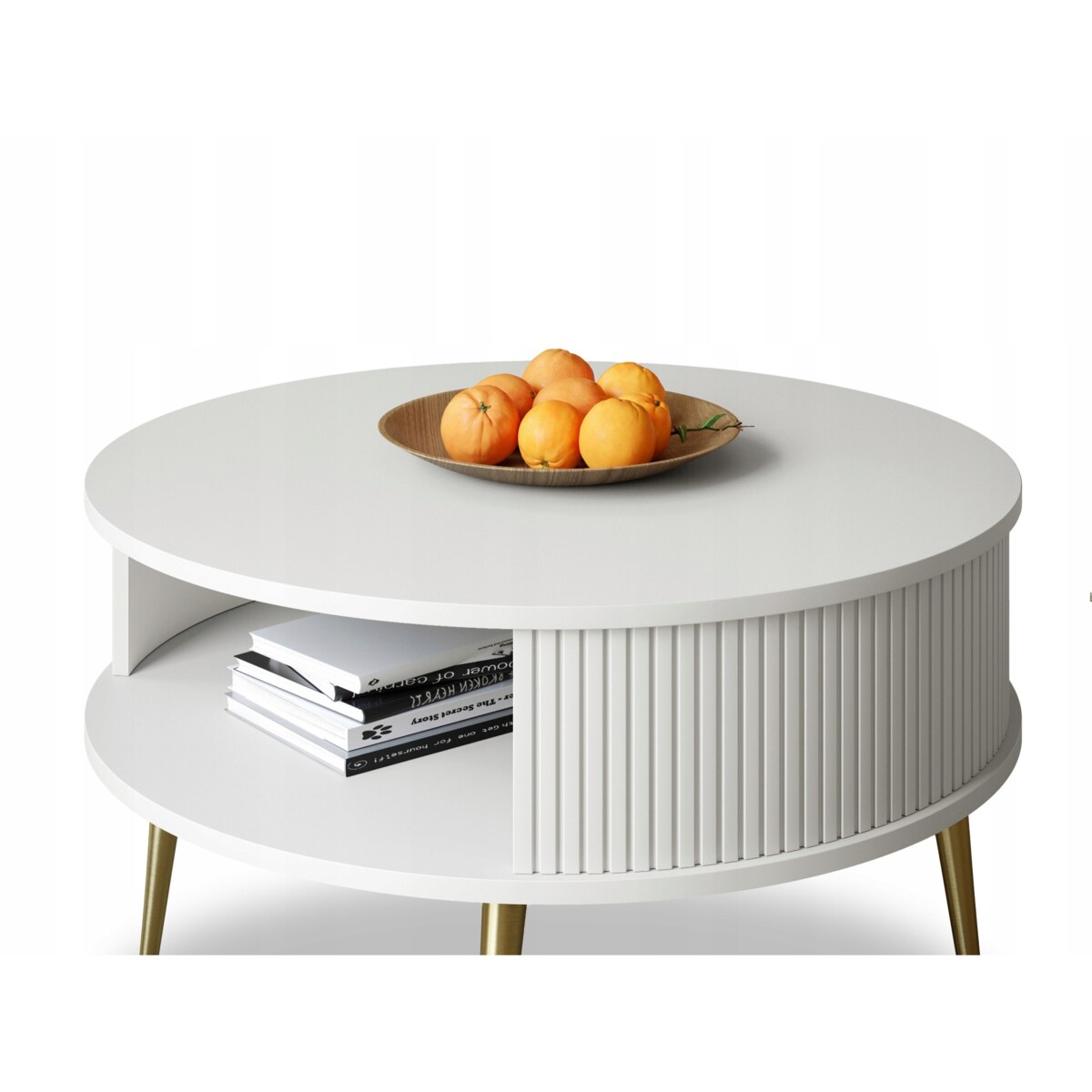 Stolik Kawowy Okrągły DO SALONU Biały Złote Nogi Lamele GLAMOUR 76cm