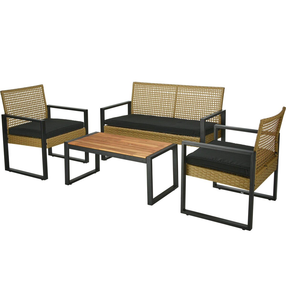 Komplet mebli ogrdowych, plecione siedziska z drewnianym stolikiem