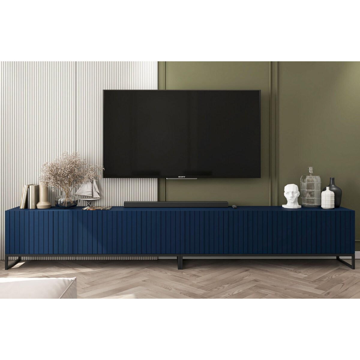 Szafka RTV Glamour Nowoczesna Komoda RTV Ryflowane Fronty Granatowy Mat Czarna Rama Loft 300 cm