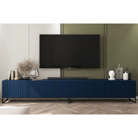 Szafka RTV Glamour Nowoczesna Komoda RTV Ryflowane Fronty Granatowy Mat Czarna Rama Loft 300 cm