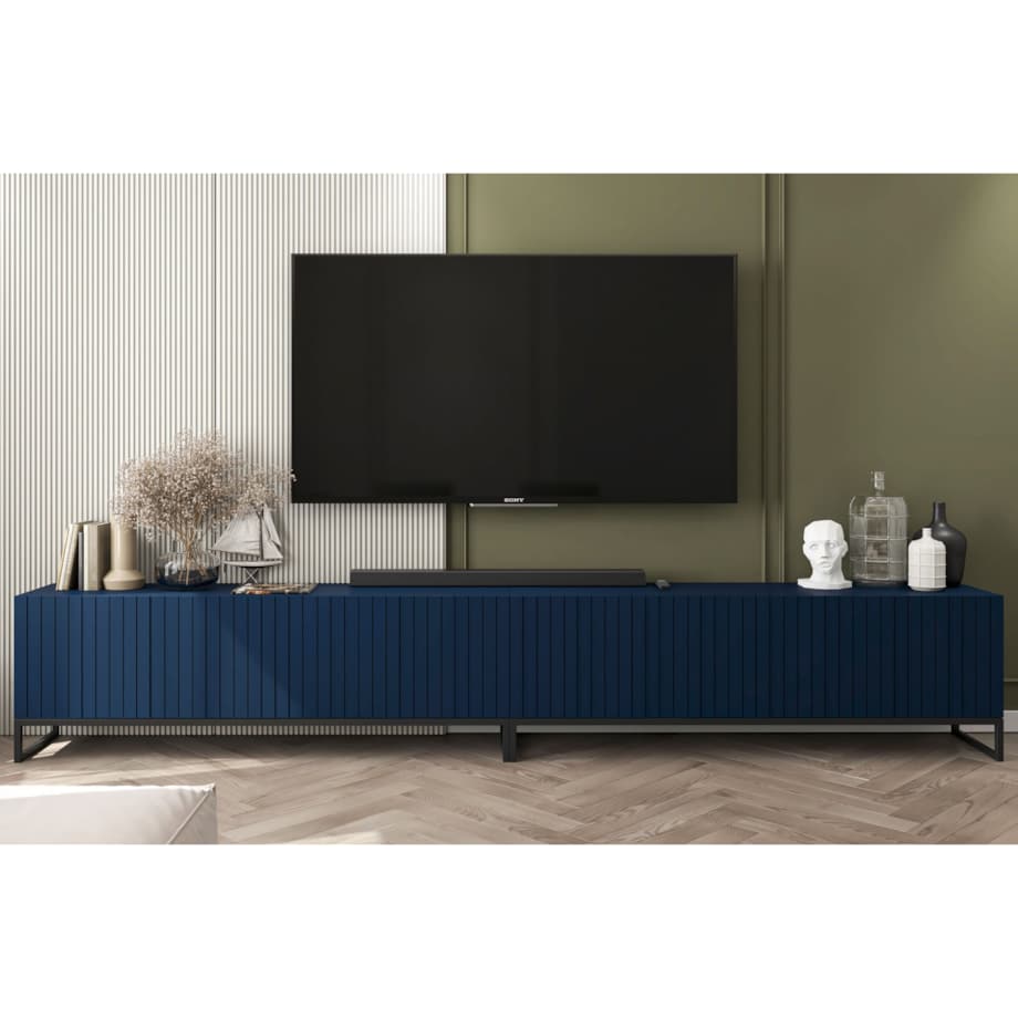 Szafka RTV Glamour Nowoczesna Komoda RTV Ryflowane Fronty Granatowy Mat Czarna Rama Loft 300 cm