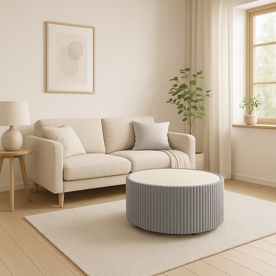 Stolik okrągły kawowy tapicerowany MIJA w tkaninie Tilia, jasno-szary