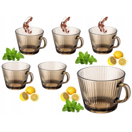 ZESTAW SZKLANEK KUBEK w paski plisy dymny 6x 410 ml na KAWĘ HERBATĘ napoje