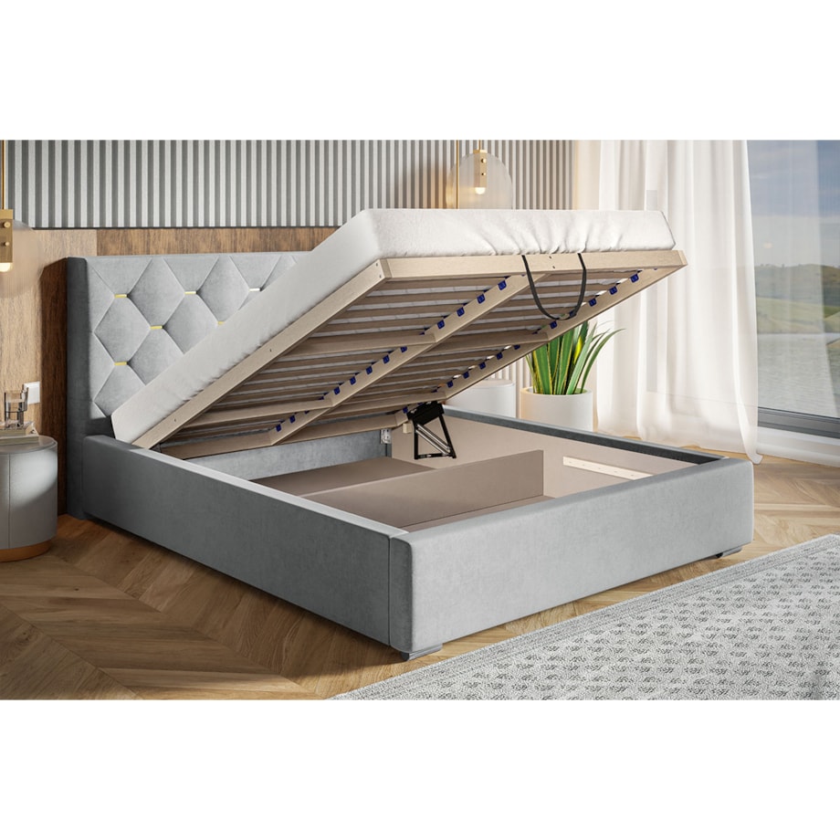 Łóżko sypialniane 180x200 BEN 17 z pojemnikiem na pościel i stelażem- szare