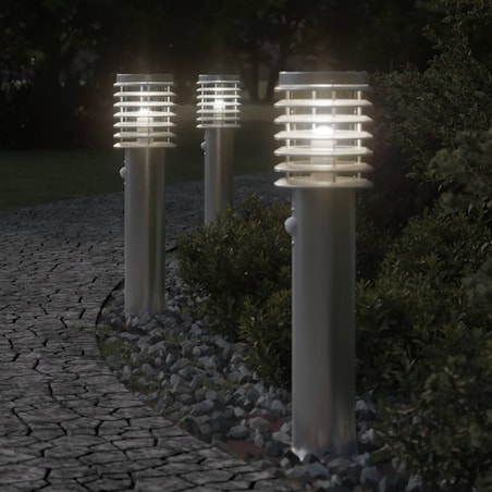 vidaXL Lampa ogrodowa na słupku, z czujnikiem, srebrna, 60 cm, stal