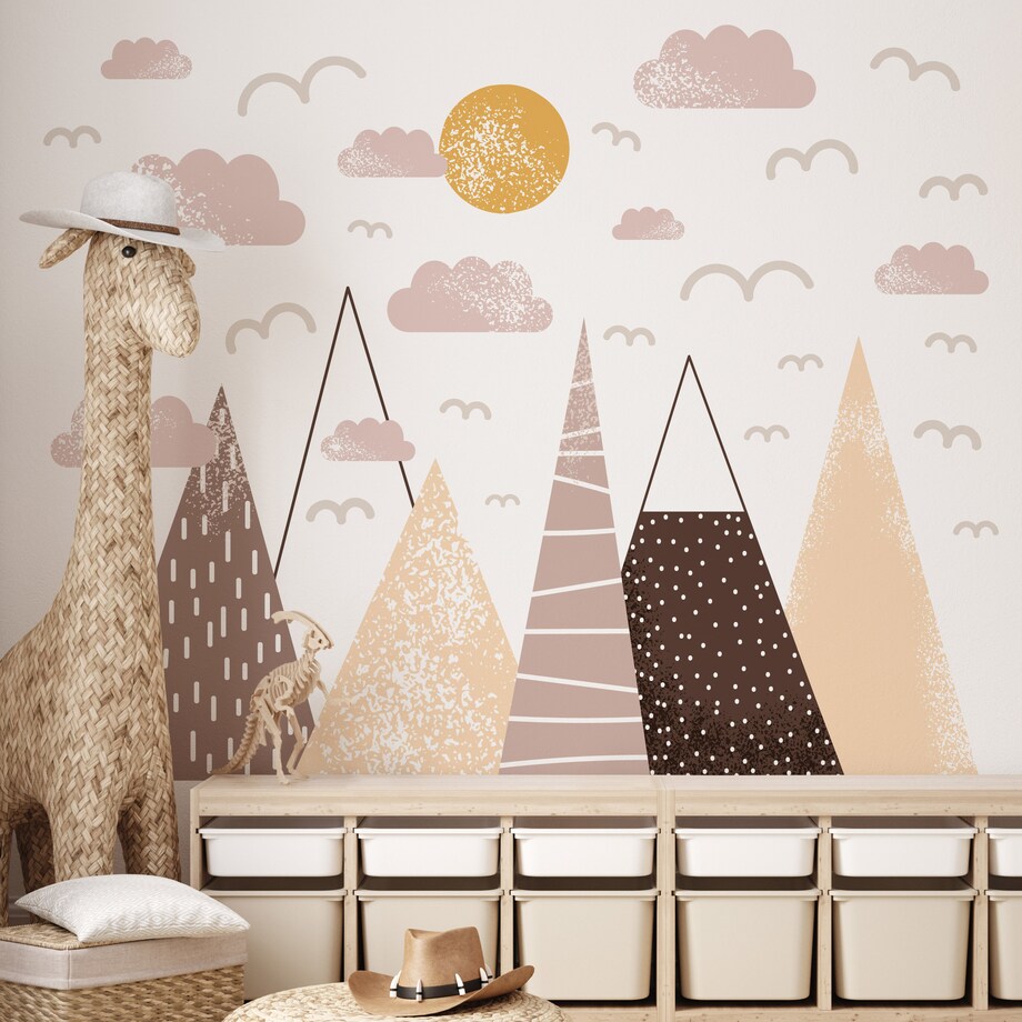 NAKLEJKI ŚCIENNE DLA DZIECI BRĄZOWE GÓRY PTAKI SŁOŃCE CHMURKI ZESTAW