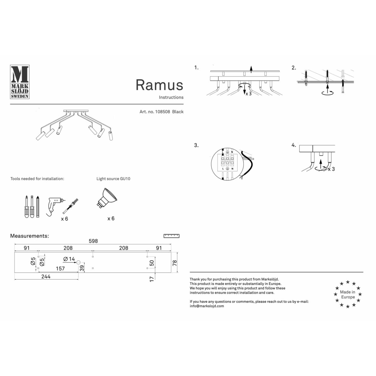 Lampa sufitowa 6-punktowa Ramus na wysięgnikach czarna