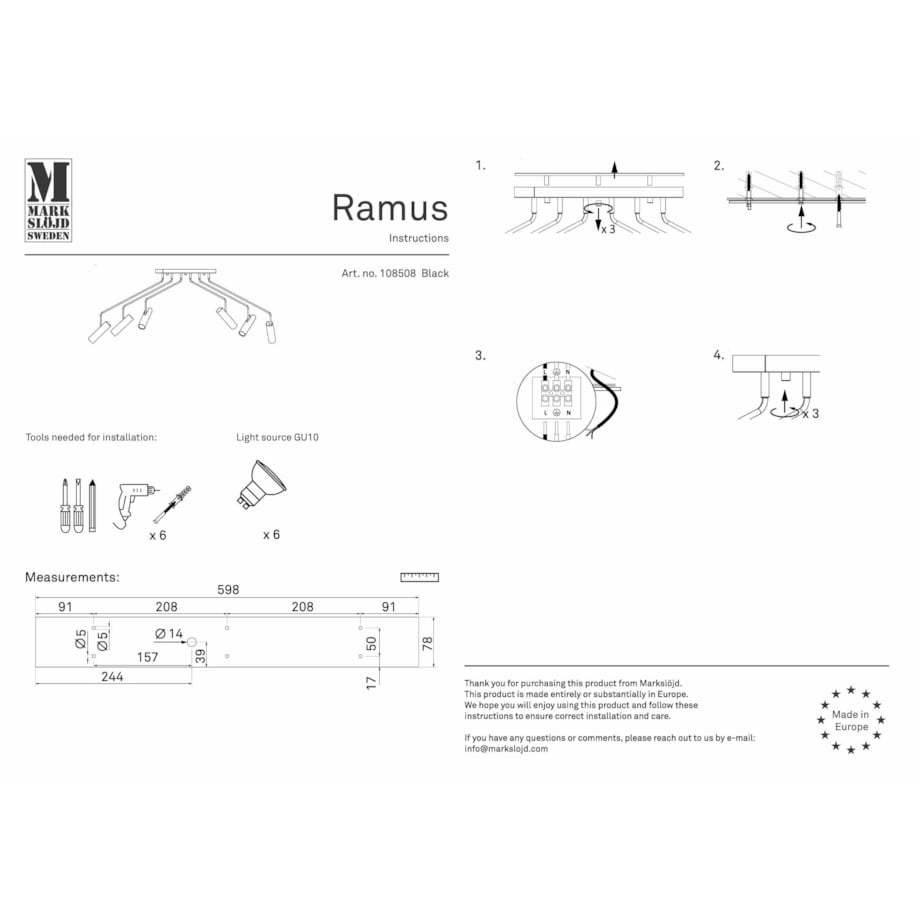 Lampa sufitowa 6-punktowa Ramus na wysięgnikach czarna