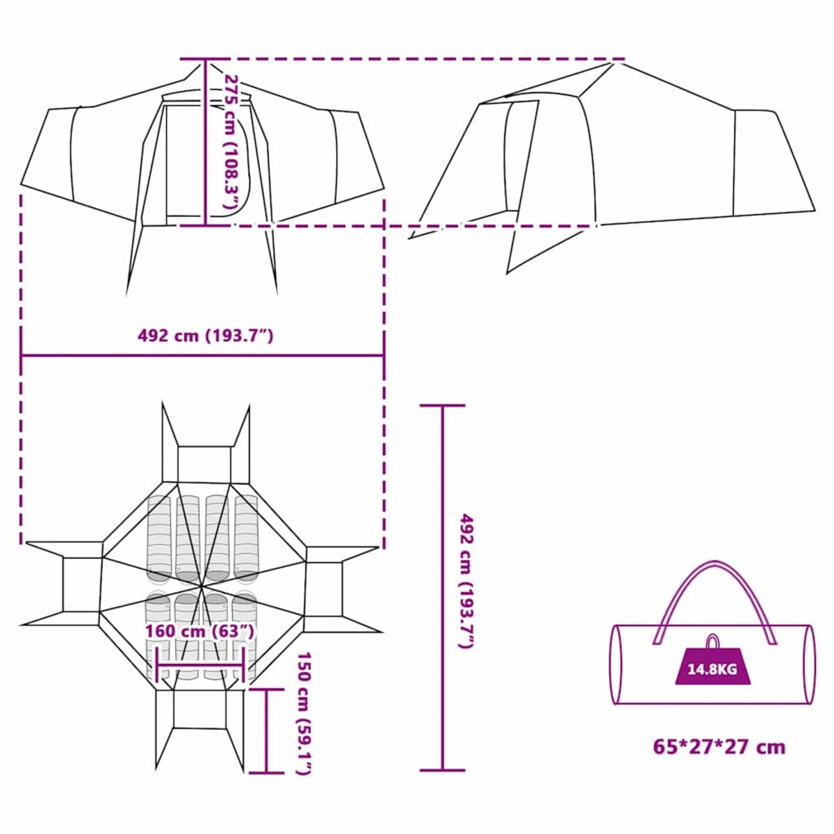 vidaXL Namiot Tipi Szary i pomarańczowy 492 x 492 x 275 cm tkanina