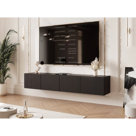 Szafka RTV wisząca CZARNA ANGEL ryflowana 200 cm z oświetleniem LED