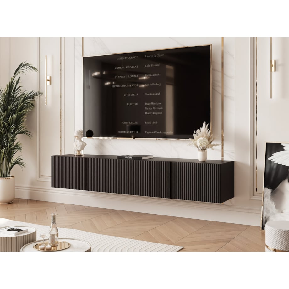 Szafka RTV wisząca CZARNA ANGEL ryflowana 200 cm z oświetleniem LED