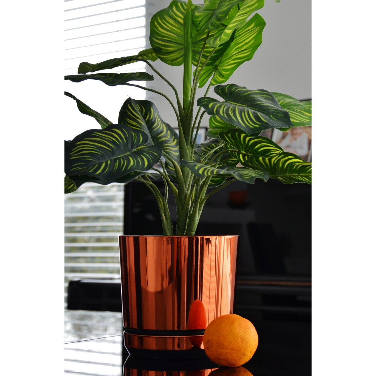 21 cm wzór ORANŻ Doniczka z podstawką nowoczesna glamour wysoki połysk metaliczny industrialny loft pomarańczowa