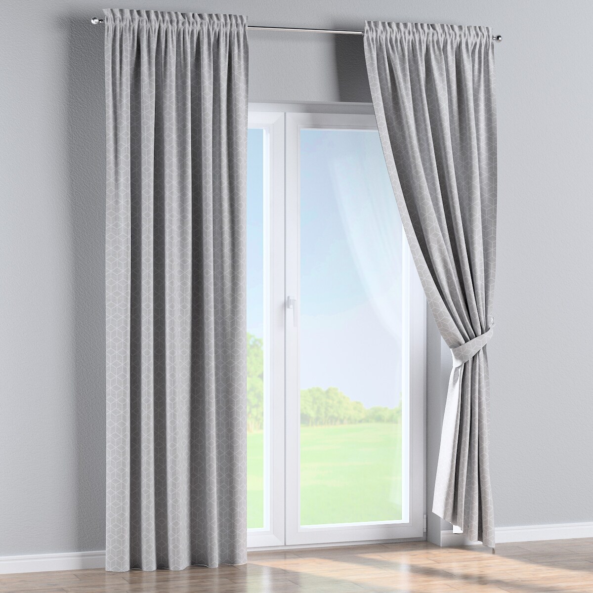 Zasłona na kanale z grzywką 1 szt. 130x260 wzór sześcianów na szarym tle