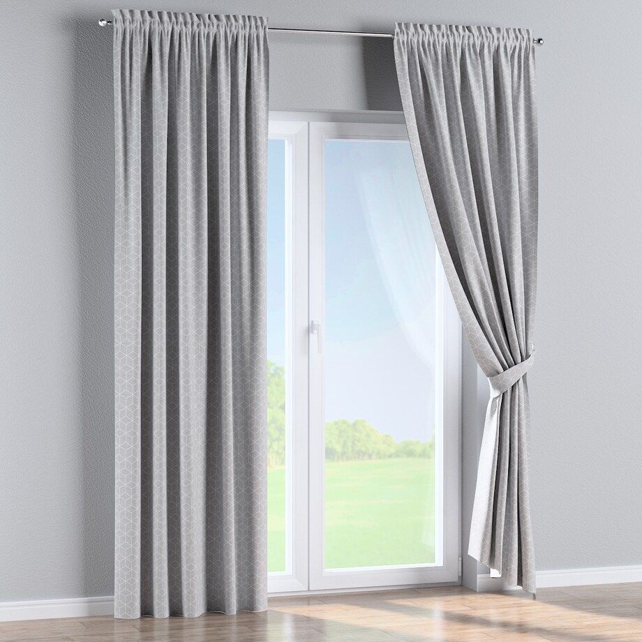 Zasłona na kanale z grzywką 1 szt. 130x260 wzór sześcianów na szarym tle