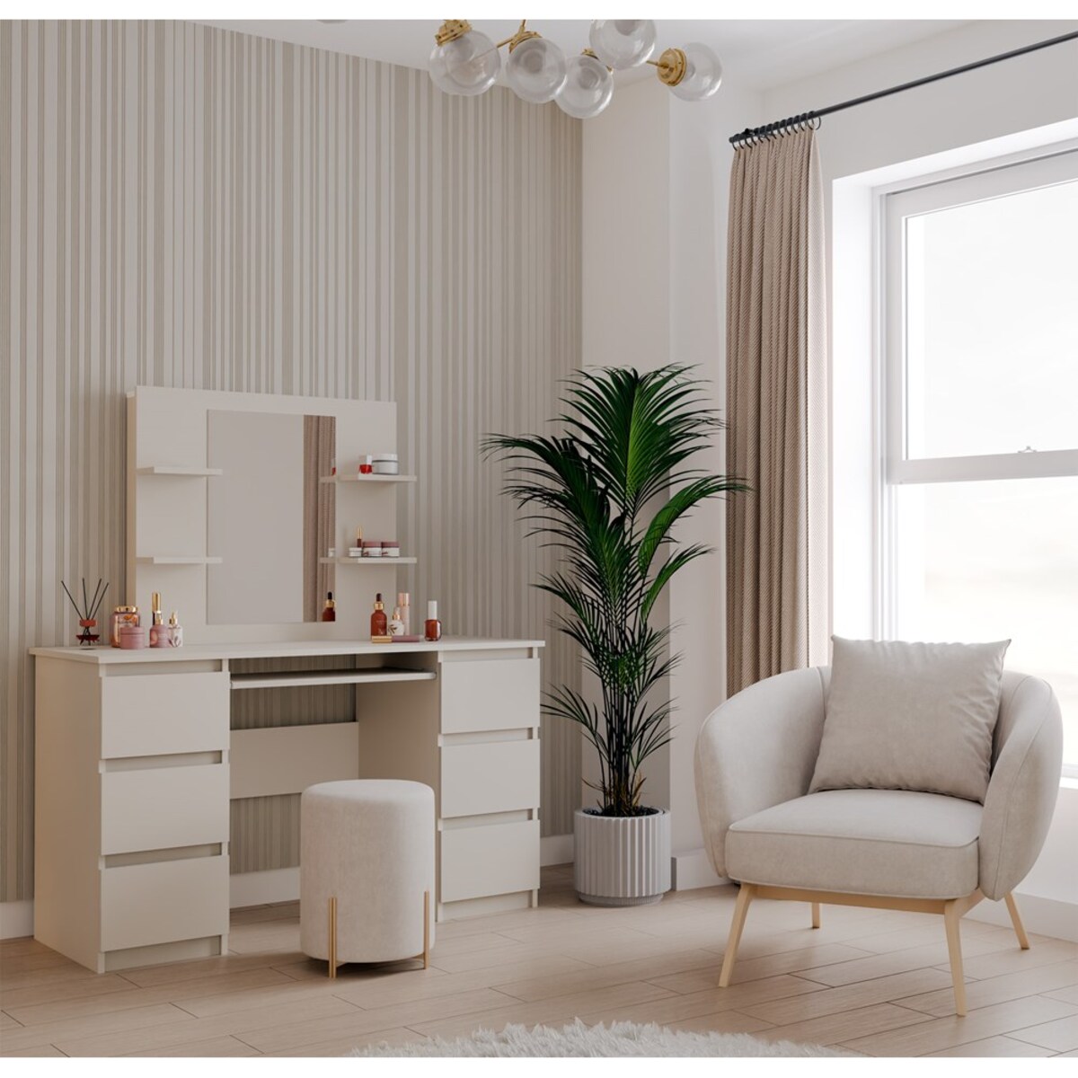 Toaletka Kosmetyczna Z Lustrem Do Makijażu Zestaw MARINA 4P + KUBA Biurko KASZMIR