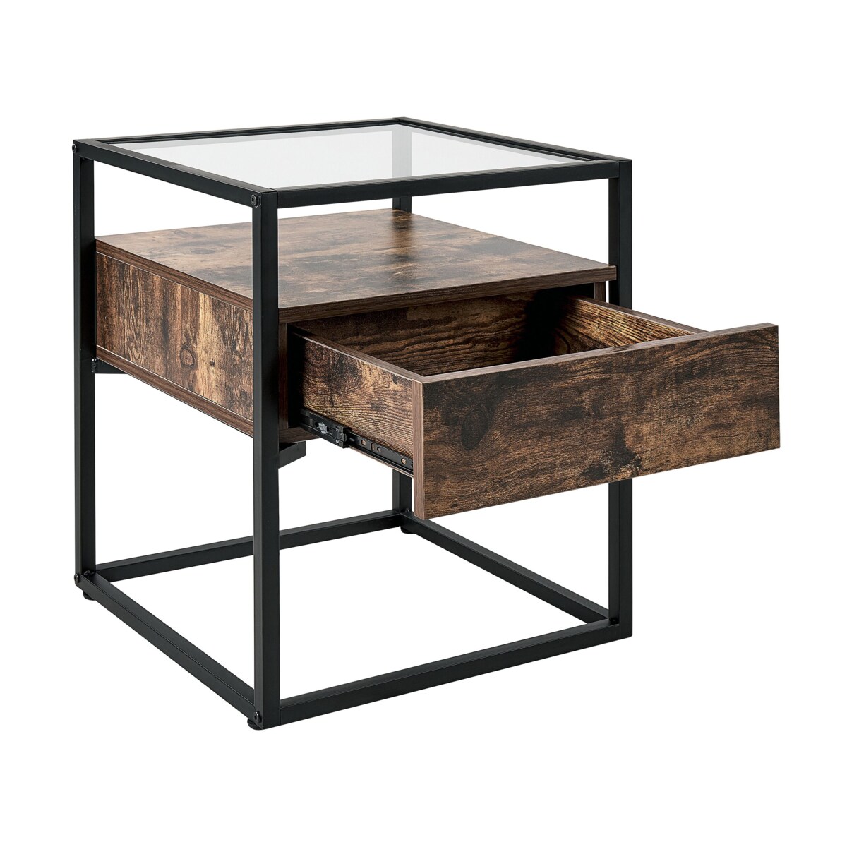 Stolik pomocniczy z szufladą szklany ciemne drewno z czarnym MAUK