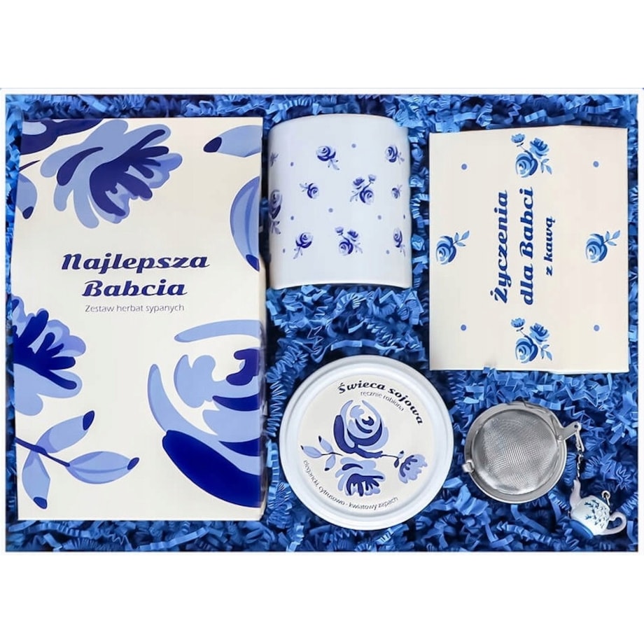 ZESTAW PREZENTOWY UPOMINKOWY BOX PREMIUM NA DZIEŃ BABCI KAWY HERBATY SYPANE KUBEK ŚWIECA SOJOWA ZAPACHOWA ZAPARZACZ PREZENT UPOMINEK