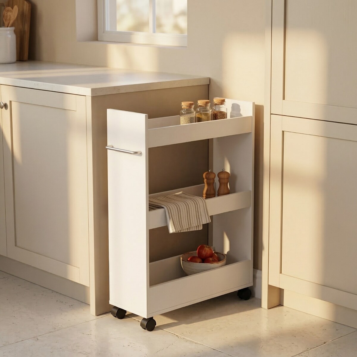 Wąski regał kuchenny na kółkach MOVO, 60 x 79 x 22 cm, trzy półki