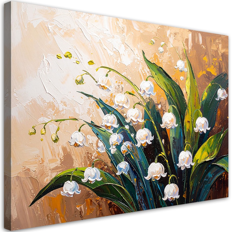 Feeby Obraz nowoczesny, Kwiaty Konwalie na beżowym tle imitacja farby 90x60