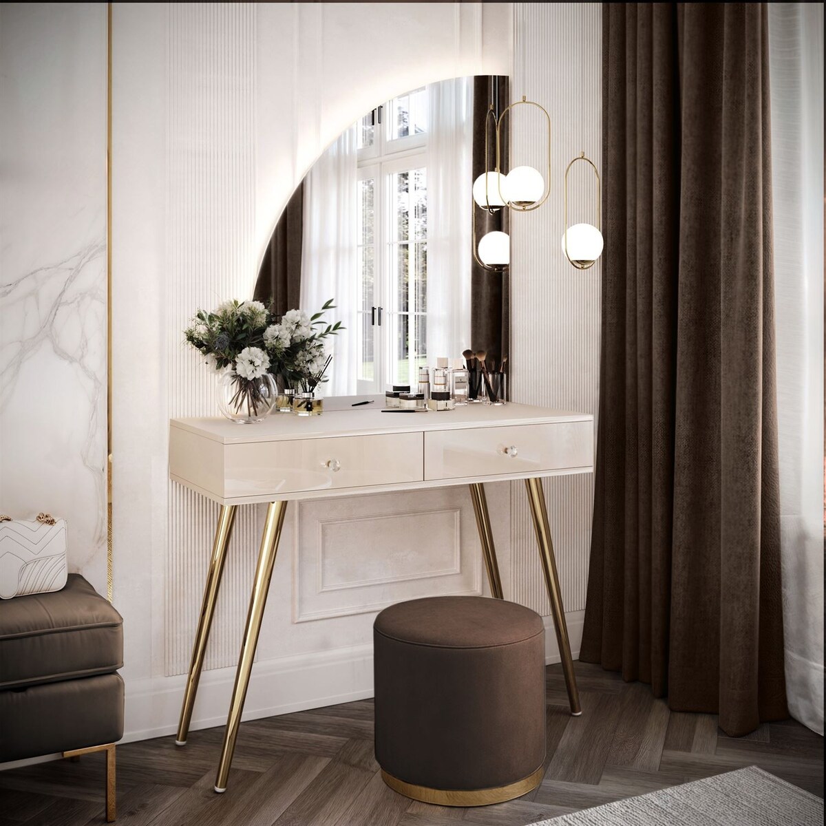 Toaletka kosmetyczna SIENNA-QS KASZMIR z lustrem LED, lewa, uchwyt biały kryształ