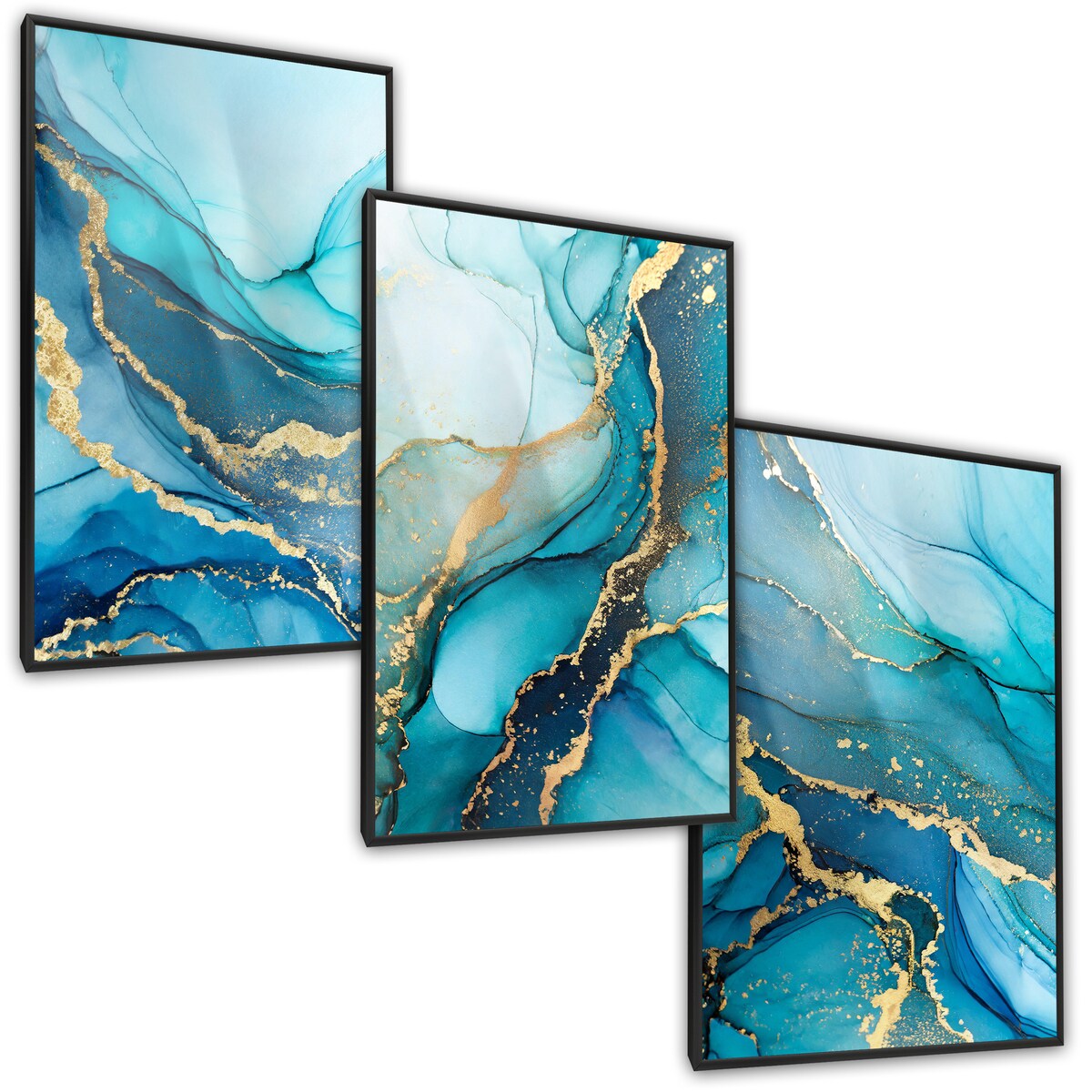 ZESTAW 3X PLAKAT W RAMIE DO SALONU NIEBIESKI MARMUR STYL GLAMOUR 30x40cm