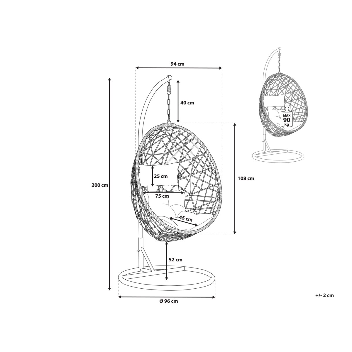 Fotel wiszący ze stojakiem z technorattanu czarny ALATRI