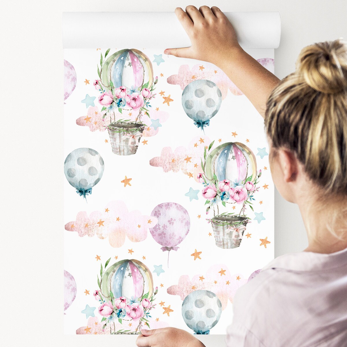 Tapeta dla dzieci balony kwiaty chmury gwiazdy