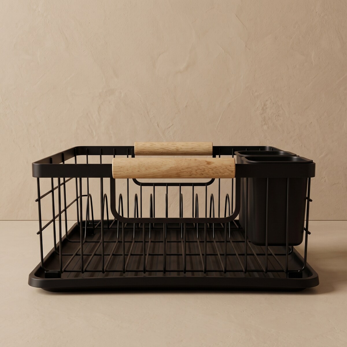 Suszarka do naczyń z pojemnikiem na sztućce, bambusowe uchwyty, 43 x 32 x 15 cm