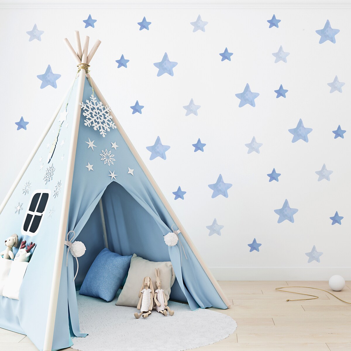 Naklejki Ścienne Dla Dzieci Akwarelowe Niebieskie GWIAZDKI Styl Boho ZESTAW 60x30cm