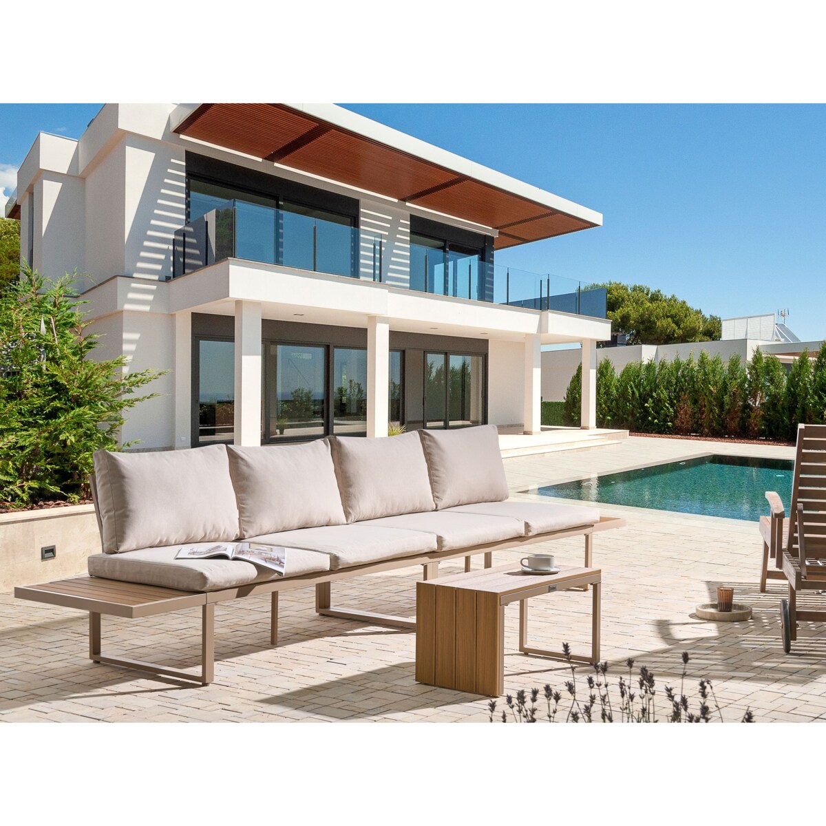 Narożnik ogrodowy ze stolikiem dla 4 osób PIENZA Prawostronny Modułowy Jasny brąz/ beżowy