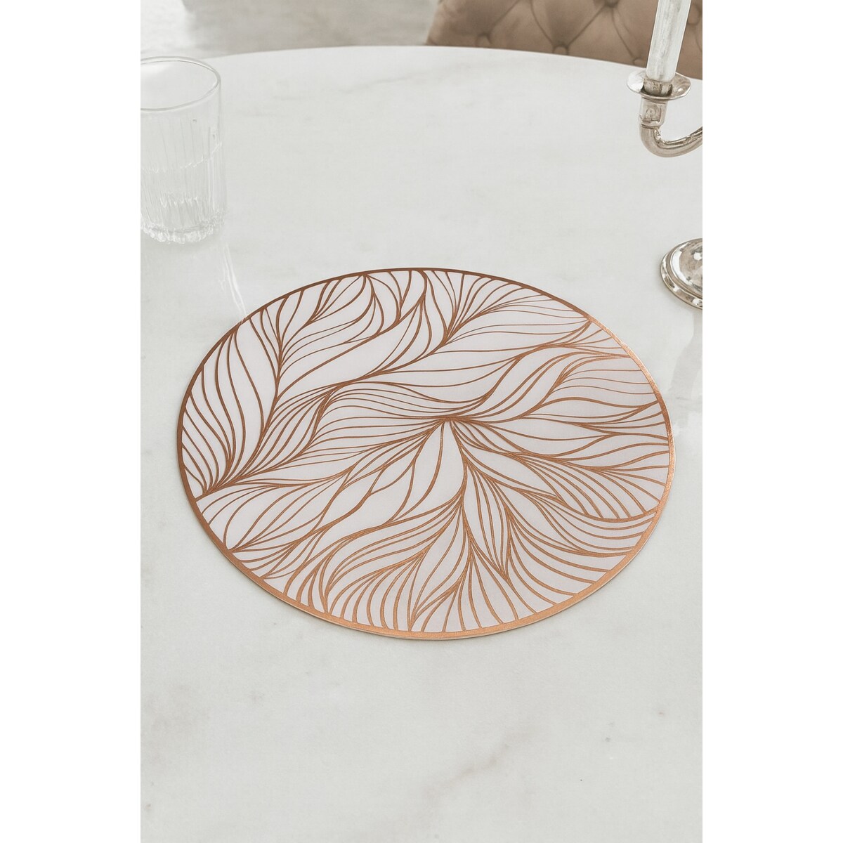 Podkładka dekoracyjna na stół "liście" śr 38cm | biały/miedź