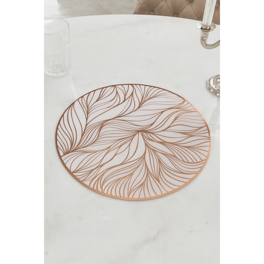 Podkładka dekoracyjna na stół "liście" śr 38cm | biały/miedź