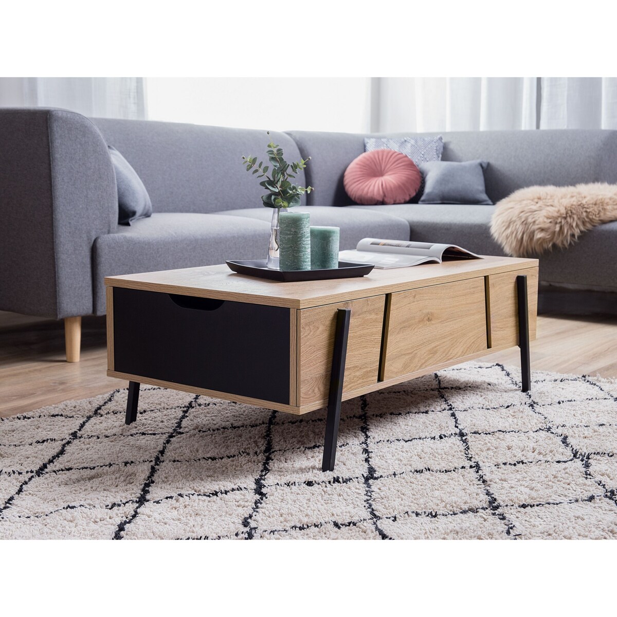 Stolik kawowy z półkami jasne drewno z czarnym BLACKPOOL