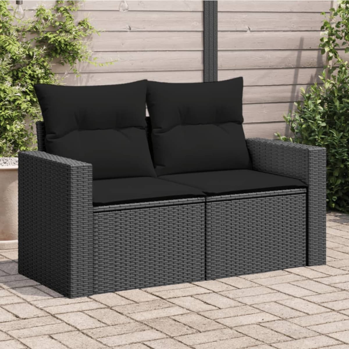 vidaXL Sofa ogrodowa z poduszkami, 2-osobowa, czarna, z polirattanu