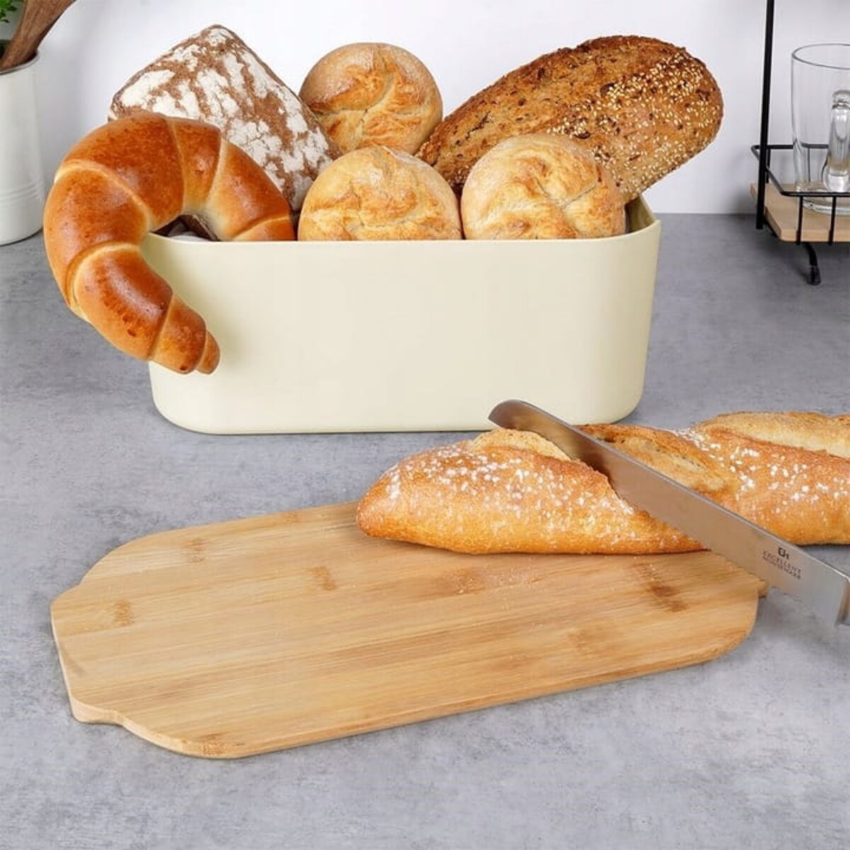 Kremowy Chlebak Pojemnik Box na Pieczywo Deska Bambusowa do Krojenia