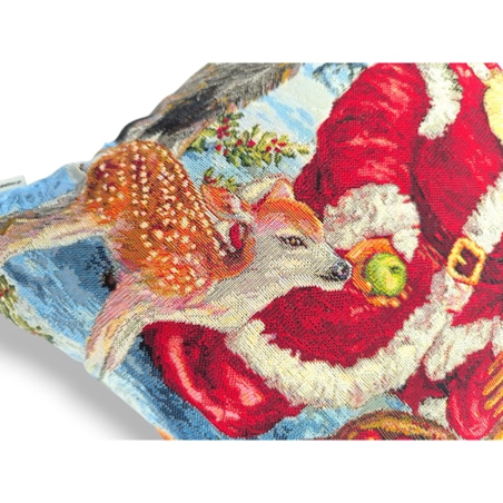 Dwustronna poduszka z wypełnieniem z Mikołajem i sarenką 45x45 z tkaniny gobelinowej