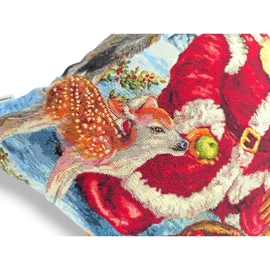 Dwustronna poduszka z wypełnieniem z Mikołajem i sarenką 45x45 z tkaniny gobelinowej